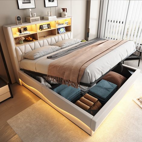 Lit Double 180×200 avec rangement tête hydraulique, bande LED et USB, sommier métal, tissu lin beige (sans Matelas) (1/5)
