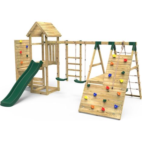 Rebo Wooden Climbing Frame with Vertical Rock Wall, Swing Set and Slide - Pennine+