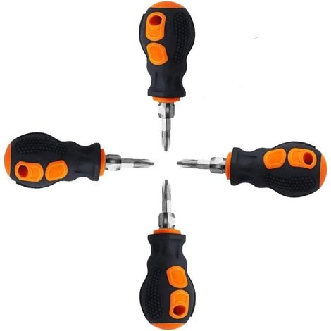 Lot de 4 Tournevis court, Outil Tournevis magnétique court 2 en 1 avec tête cruciforme et tête plate, petit tournevis de poche pour réparation de bricolage (1/5)