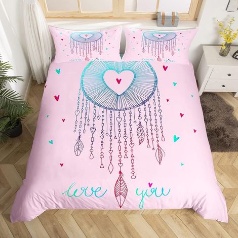 Parure attrape-rêve fille rose parure de lit motif amour 140x200 cm housse de couette Ensemble de housse de couette plumes de style exotique attrape-rêves pour enfants décor de plumes colorées - 140 x (1/5)