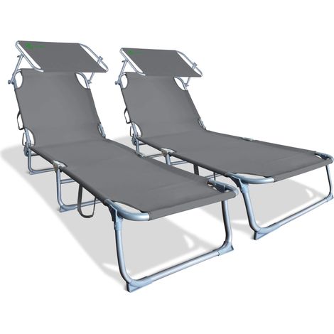Lot de 2 Chaise Longue Bain de Soleil avec Pare Soleil Transat Pliable avec Parasol Bain De Soleil inclinable en Polyester Charge Max 110KG Chaise Longue réglable Gris (1/5)