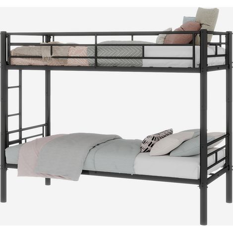 Lit superposé en métal avec lit inférieur 90190 cm, équipé d’une échelle et de garde-corps. Convertible en deux lits simples, sans matelas à ressorts, noir classique.