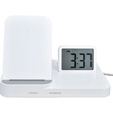Chargeur sans fil pour réveil, station 3-en-1 rapide pour téléphone et écouteurs, horloge LED design moderne, alimentation USB (blanc, sans adaptateur, batterie intégrée incluse). (1/5)