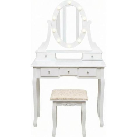 Coiffeuse de Maquillage avec Miroir LED Réglable et Tabouret, Table de Maquillage avec 5 Tiroirs pour Chambre et Dressing (1/5)