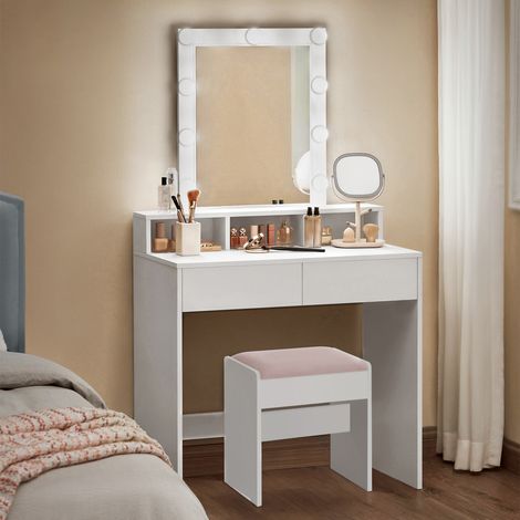 Vasagle – Coiffeuse enfant avec éclairage LED – Tabouret en velours – 2 tiroirs et 3 compartiments – Dimensions 40x80x145 cm – Blanc et rose bonbon (1/5)