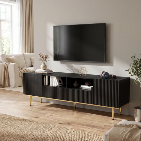Meuble TV 165x36x55cm avec 2 Portes et 2 Tiroirs Ouverture Push-to-Open Panneau de Particules Moderne Noir et Or (1/5)