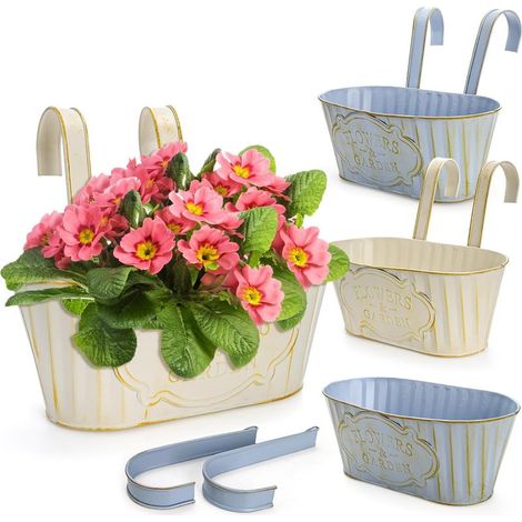 Lot de 4 pots de fleurs à suspendre en métal vintage avec crochet amovible，Lot de 4 pots de fleurs à suspendre en métal vintage avec crochet amovible (1/5)