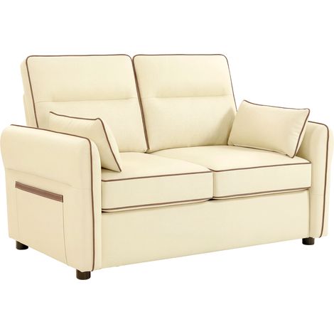 Zweisitzer-Sofa aus Kunstleder mit dicker Polsterung, Seitentasche und 2 Kissen, 136 x 81 x 90 cm, Beige