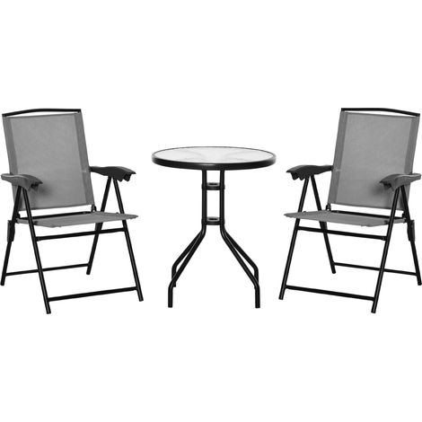 Ensemble jardin 3 places 2 fauteuils inclinables multi-positions pliants table ronde verre trempé métal textilène gris (1/5)