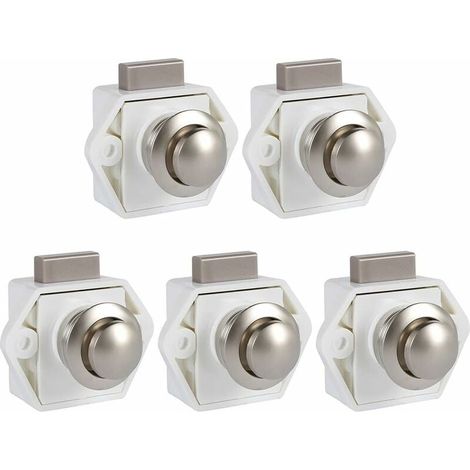 RHG 5 Pcs Bouton Poussoir Loquet sans Clé, Serrure de Porte Meuble Fermoir, Bouton Loquet Verrou pour RV Caravane Placard Meuble de d'Épaisseur (blanc),