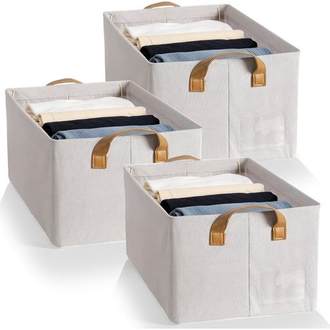 Lot de 3 grands paniers de rangement pliables en tissu, organiseur de placard avec poignées, 28 x 47 x 20 cm, beige (1/5)