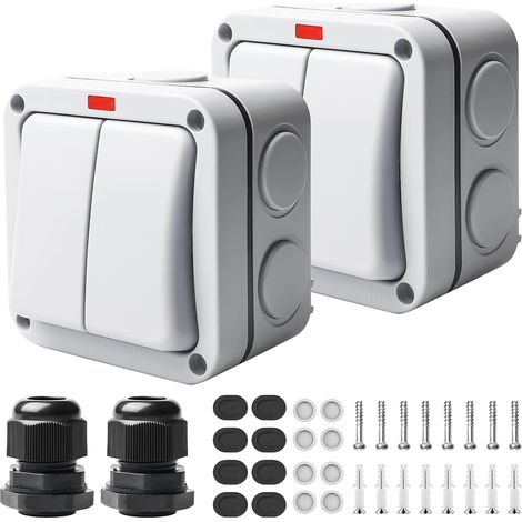 2 Pack Weatherproof Switch 20A IP66 Waterproof Double Switch with Independent Switch and Indicator Light, Universal Outdoor Switch for Outdoor, Garden (1/5)