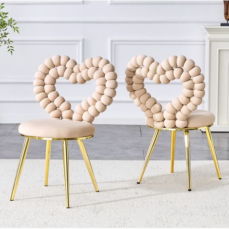 Lote de 2 sillas de comedor con respaldo en forma de corazón, de terciopelo y patas de metal, beige (1/5)