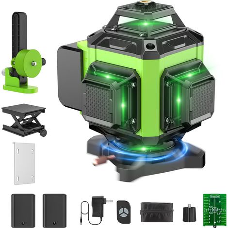 Niveau Laser Chantier Autonivelant 360° x 4, Lazer Niveaux 4D 16 Lignes Laser, Autonivellement et Mode Pulsé Extérieur, 2 x Batterie, Nivellement Automatique, Support Rotatif, Télécommande (L) (1/5)