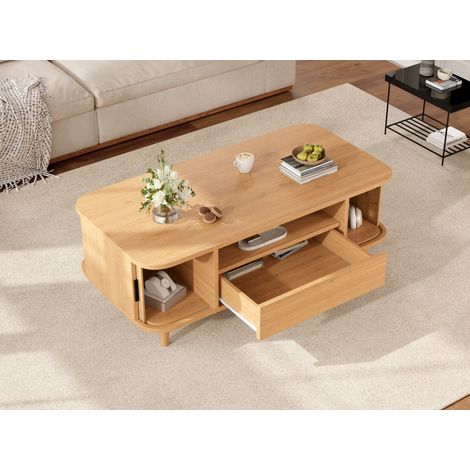 Tavolino 100x50x35 cm in MDF naturale, 2 ante e cassetto, contenitore soggiorno – MEUBLIV (1/5)