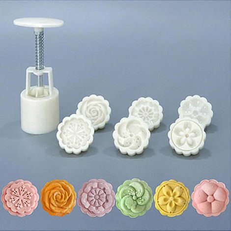 Moule à gâteau de lune 50 g, 6 tampons 3D en forme de fleur, presse à main pour gâteaux de lune, ustensiles de pâtisserie à faire soi-même (1/4)