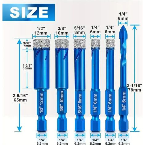 6Pcs Forets Mèches Diamant pour carrelage, 6/6/8/10/12mm Meche Carrelage avec foret diamanté en carbure de 6mm pour porcelaine, céramique, verre, pierres et plus encore