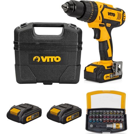 Perceuse sans fil 18V 2 Batteries Lithium 2Ah + Chargeur + Coffret de vissage 32 pièces VITO