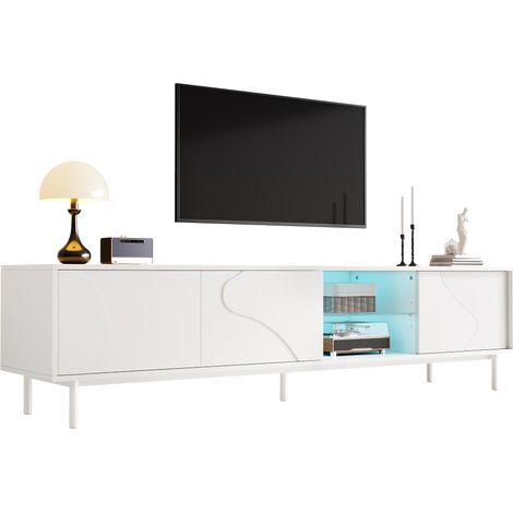 Design blanc mat en MDF, meuble TV 3 portes coulissantes avec LED via application pour salon (1/5)