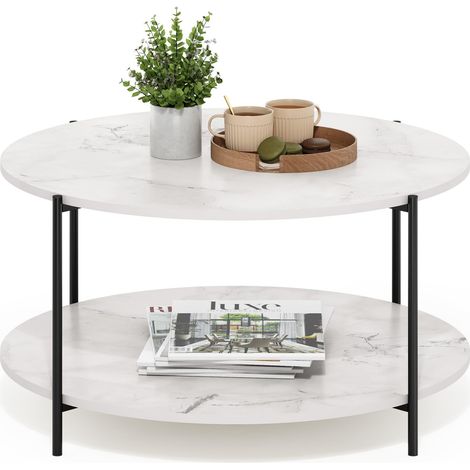 Table Basse, Table Basse Ronde Moderne à 2 Niveaux avec Pieds en métal, Table d'appoint à Structure métallique et étagère Ouverte, pour Salon, Chambre, Bureau, Blanc marbré (1/5)