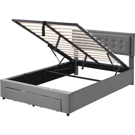 Letto imbottito grigio 140 x 190 cm con contenitore, testiera regolabile, velluto, HOMVRA (1/5)