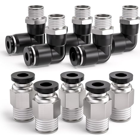 10 Pcs manchon de carte de 8mm à 1/4 "BSP mâle traversant et coude de 90 degrés raccord pneumatique, adaptateur de ligne d'air à libération rapide PL8-02 / PC8-02 (1/4)