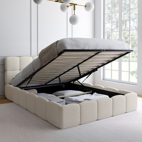 Cama de matrimonio NUAGE con cabecero acolchado y somier de 140 x 190 cm en tejido bouclette blanco