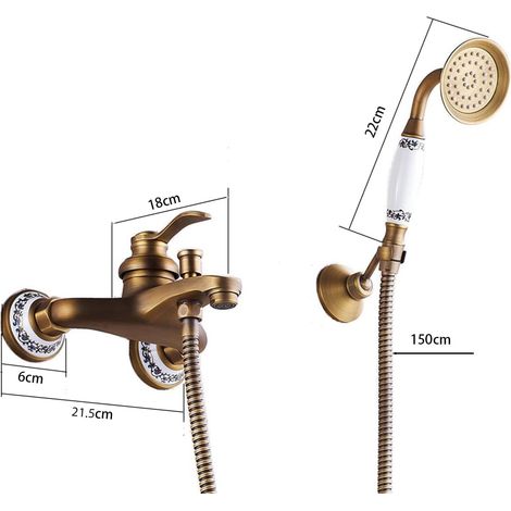 Rubinetto per vasca da bagno in ottone anticato con doccetta a mano retrò a parete per bagno - Tubi non inclusi - ALTRO (1/3)
