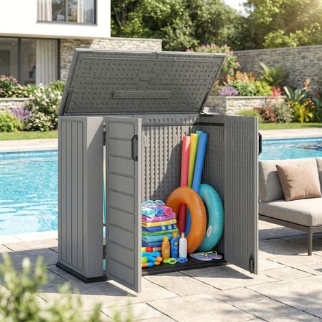 Cobertizo de Jardín de HDPE 940L con Tapa Abatible 2 Puertas Cerradura Cobertizo de Jardín 142x67x119 cm Gris Claro (1/5)