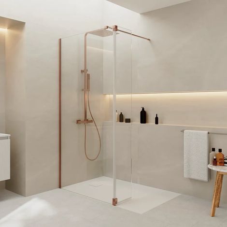 Cabine de douche à l italienne 120 cm porte pivotante 30 cm verre transparent 8 mm anti calcaire profilés en cuivre brossé h200 Keros (1/4)