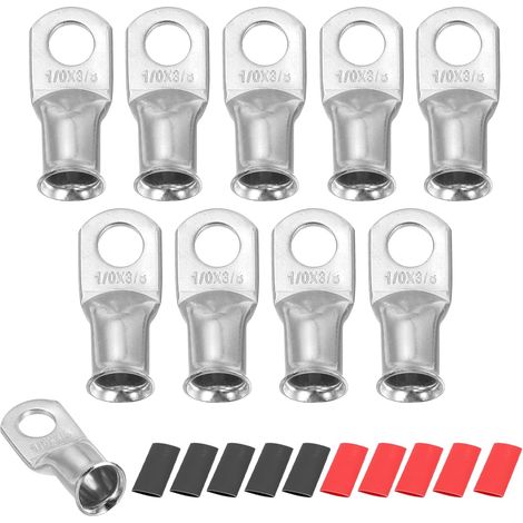 10pcs 1/0 AWG M10 Battery Lugs Ring Terminals, 3/8" 10mm Stud Crimp Wire Terminal Connector End Copper, 2:1 Heat Shrink Tubing, Silver (1/5)