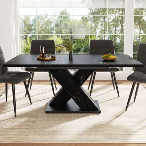 Tavolo da pranzo allungabile 119/158,5x80x75 cm, design a X, in MDF effetto marmo nero