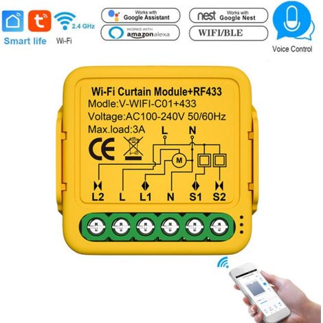 Module de rideau intelligent Tuya WIFI 433, interrupteur à persiennes, commande de volet roulant motorisé électrique, télécommande via application, compatible avec Google Assistant pour la commande vo (1/5)