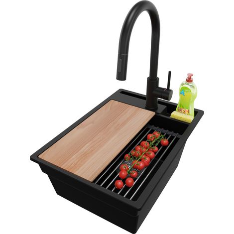 PRIMAGRAN Evier Cuisine en Granit 38x53cm, Lavabo 1 bac + Robinet 40x20cm + Kit de Vidage + Accessoires, Évier à Encastrer au meuble 40cm - Oslo Pocket, Noir (1/5)