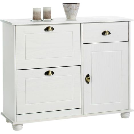 Idimex – Meuble à chaussures en pin massif blanc – 12 paires – 1 tiroir et 1 placard avec étagère réglable – Dimensions 85 x 106 x 32 cm (1/4)