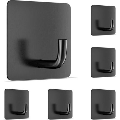 Set mit 6 selbstklebenden Wandhaken aus schwarzem Edelstahl – bohrfrei, für Badezimmer, Küche, Decke, Türen und Bademäntel (1/5)