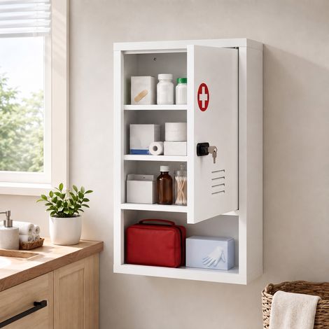Armoire à pharmacie murale avec serrure à combinaison et clé, 3 niveaux, verrouillable, blanche (1/5)
