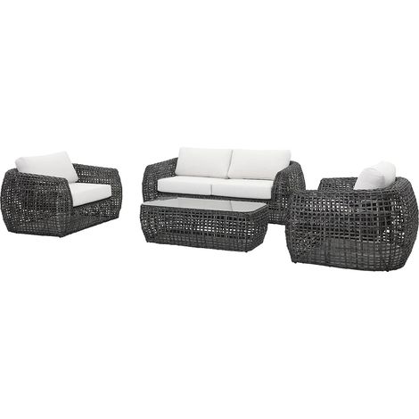 Set da giardino in resina intrecciata: un divano da giardino 2 posti, 2 poltrone e 1 tavolino Antracite con cuscini bianchi - VEYRO di MYLIA (1/5)