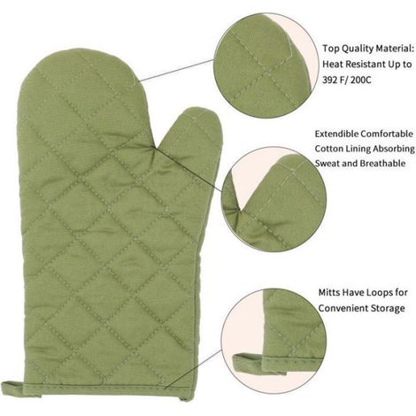 Ensemble de gants de cuisine et de tapis résistant à la chaleur, résistant à la chaleur jusqu'à 500 degrés Celsius(12 pouces, vert). (1/4)