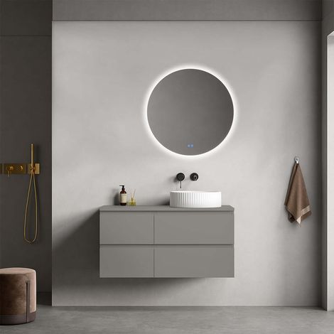 Mobile bagno sospeso reversibile 100 cm Grigio Londra per Lavabo d'appoggio Specchio Tondo Retroilluminato - Fiji Paint Top