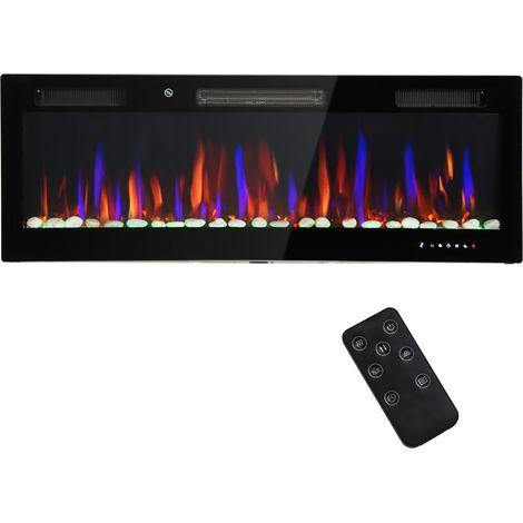 HOMCOM chimenea eléctrica pared y empotrable ultrafina con llama 3D ajustable y 12 colores, guijarros, 900/1800W, temporizador, termostato digital (1/5)