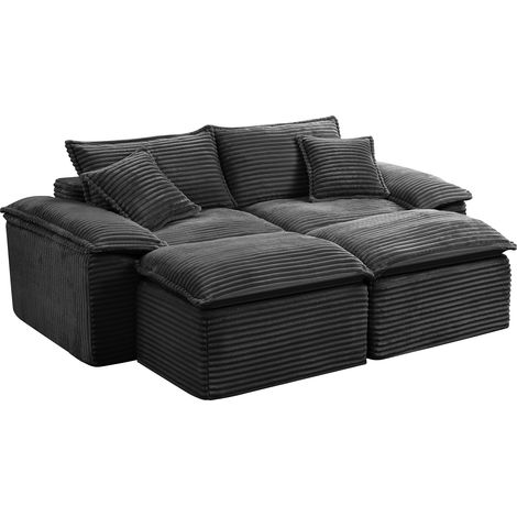 Canapé 2 places beige en velours côtelé avec repose-pieds, 206 x 158 x 66 cm (1/5)