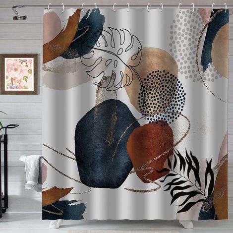 1 rideau de douche, design bohème abstrait géométrique avec motifs feuilles, tissu polyester imperméable, 180x180 cm, salle de bain (1/5)