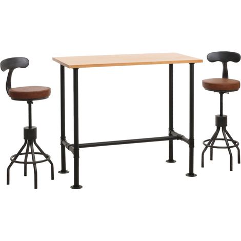 [JAMAIS UTILISÉ] Set table de bar + 2x tabourets de bar HHG-969, hauteur réglable pivotant repose-pieds, métal industriel simili-cuir, naturel, marron