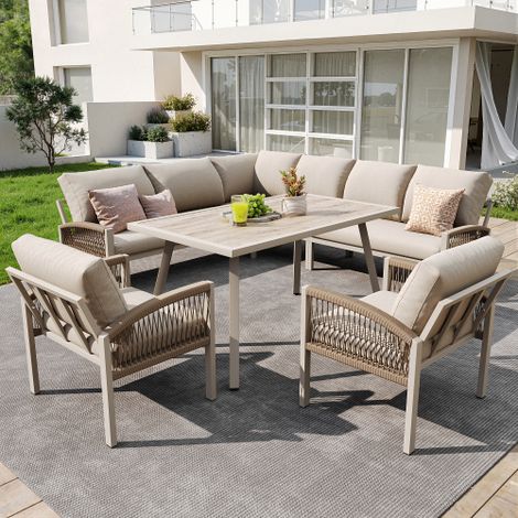 Ensemble de canapés de jardin en L Merax avec structure en fer et fauteuils tressés à la main, salon de jardin pour 8 personnes, table avec plateau en verre aspect bois, beige (1/5)