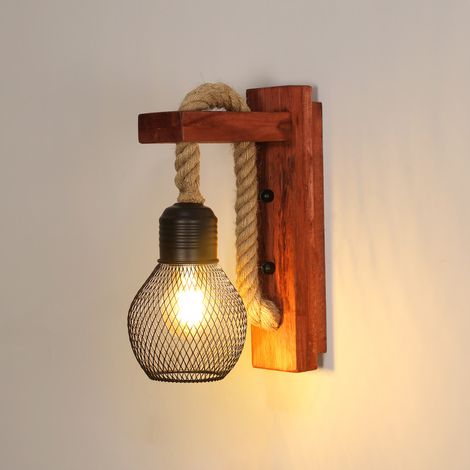 GOECO Applique Murale Rustique Bois Lampe Murale Vintage Rétro, Abat-Jour en Cage en Métal Noir E27, Applique Murale Intérieure Bois en Corde de Chanvre pour Chambre, Salon (Sans Ampoules)