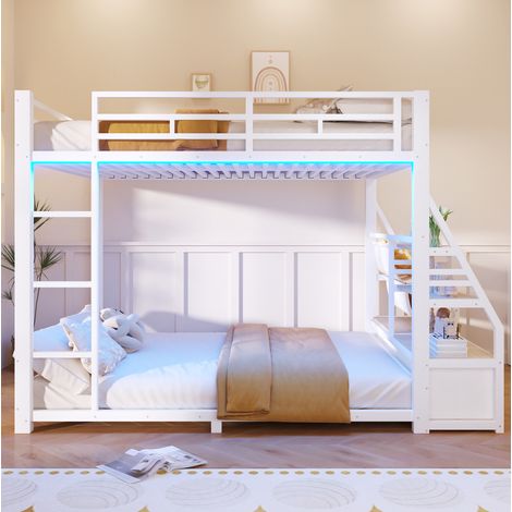 Letto a castello moderno 140x200 cm, legno e metallo bianco, con LED, ripiani e 2 cassetti in tessuto (1/5)