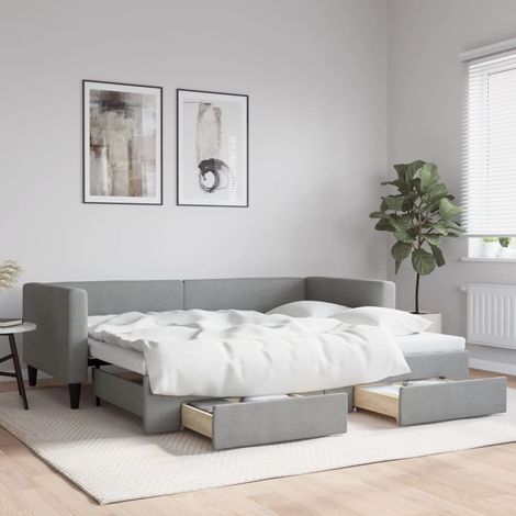 Lit banquette gigogne avec 2 tiroirs en tissu gris clair 100 x 190 cm - PANGIVO (1/5)