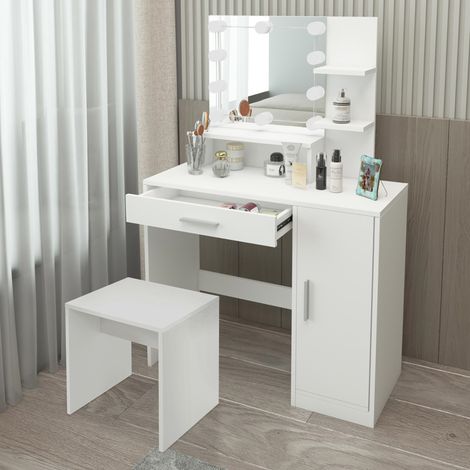 ML-Design Coiffeuse Blanc avec Tabouret, Table de Maquillage avec Éclairage LED, Miroir, Tiroir, 3 Compartiments, 90x38x137 cm, Armoire en Bois MDF, Commode Cosmétiques pour Dressing, Femme et Fille (1/5)