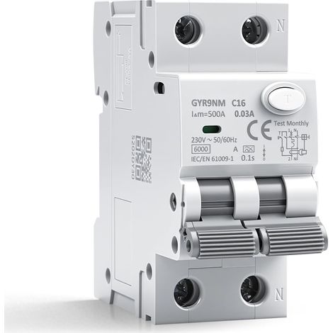 Disjoncteur différentiel 30mA 16A 1P+N type A interrupteur différentiel RCBO 6KA MCB disjoncteurs de courant résiduel AC230V Protection contre les surcharges et les courts circuits GYR9NM (1/5)